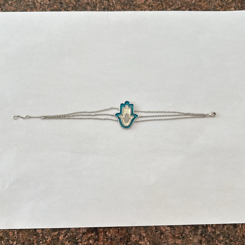 925 Silver crystal Blue Hamsa Charm 3 strand lobster claw bracelet - Picture 13 of 14